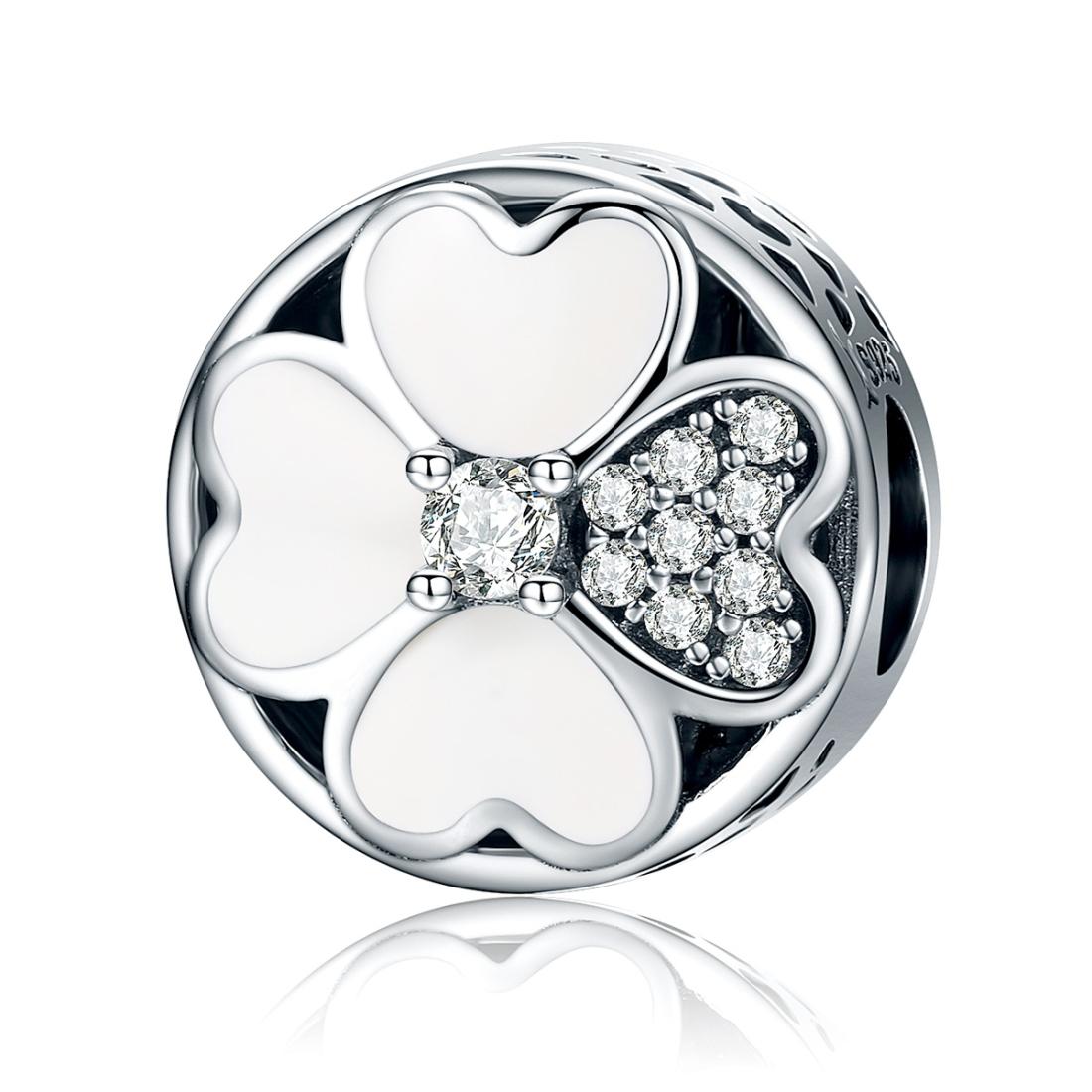 Four Leaf Clover Heart Sterling Silver CZ Bead Charm Pendant Bracelet Necklace
