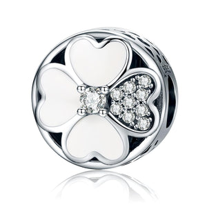 Four Leaf Clover Heart Sterling Silver CZ Bead Charm Pendant Bracelet Necklace