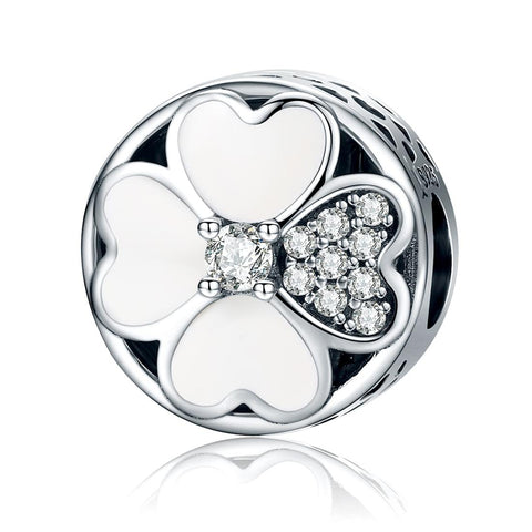 Four Leaf Clover Heart Sterling Silver CZ Bead Charm Pendant Bracelet Necklace