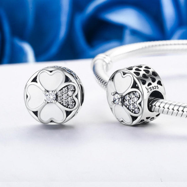Four Leaf Clover Heart Sterling Silver CZ Bead Charm Pendant Bracelet Necklace