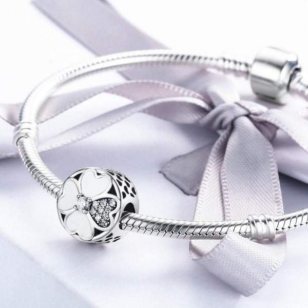 Four Leaf Clover Heart Sterling Silver CZ Bead Charm Pendant Bracelet Necklace