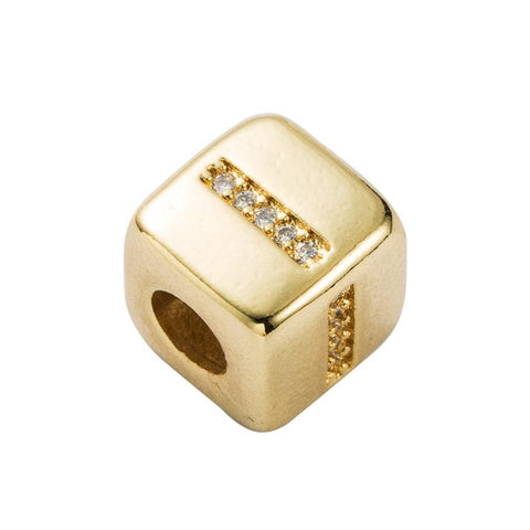 Gold Colour Letter Initial Copper Zircon CZ Bead Charm Bracelet Necklace I