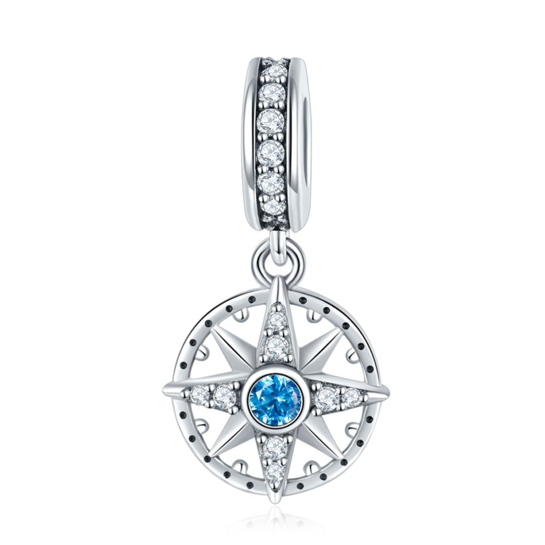 Compass Sterling Silver Zircon CZ Bead Charm Bracelet Necklace Pendant