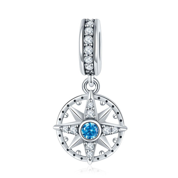 Compass Sterling Silver Zircon CZ Bead Charm Bracelet Necklace Pendant
