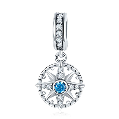 Compass Sterling Silver Zircon CZ Bead Charm Bracelet Necklace Pendant
