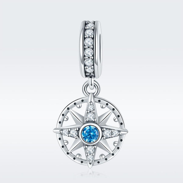 Compass Sterling Silver Zircon CZ Bead Charm Bracelet Necklace Pendant