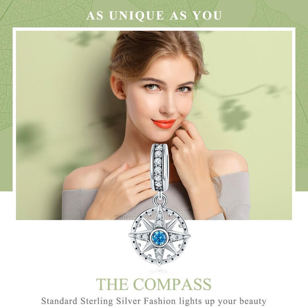 Compass Sterling Silver Zircon CZ Bead Charm Bracelet Necklace Pendant