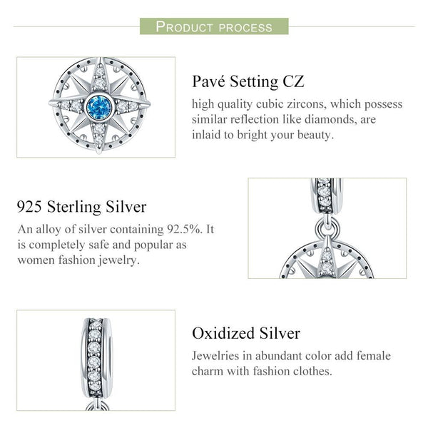 Compass Sterling Silver Zircon CZ Bead Charm Bracelet Necklace Pendant