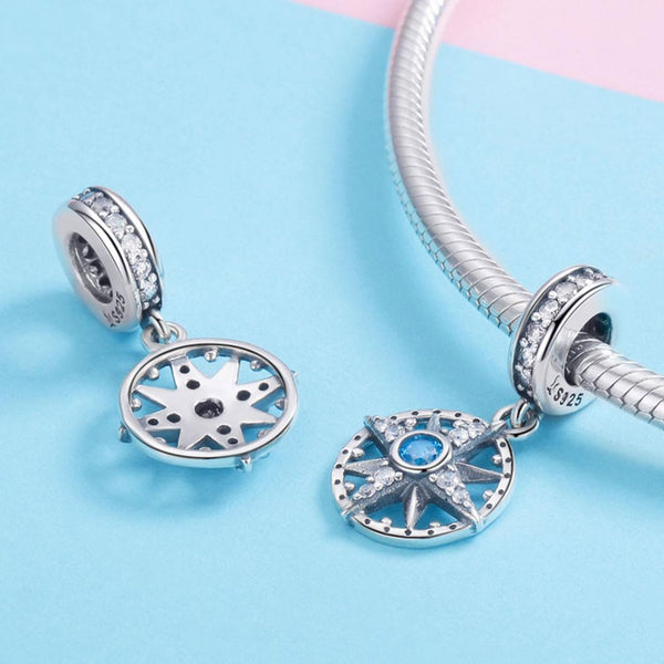 Compass Sterling Silver Zircon CZ Bead Charm Bracelet Necklace Pendant