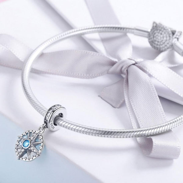 Compass Sterling Silver Zircon CZ Bead Charm Bracelet Necklace Pendant