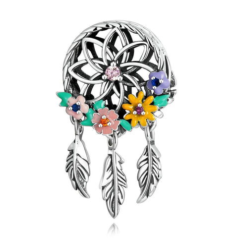 Dreamcatcher Flowers Enamel Sterling Silver CZ Bead Charm Bracelet Necklace