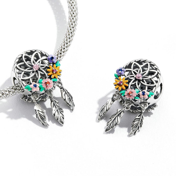 Dreamcatcher Flowers Enamel Sterling Silver CZ Bead Charm Bracelet Necklace