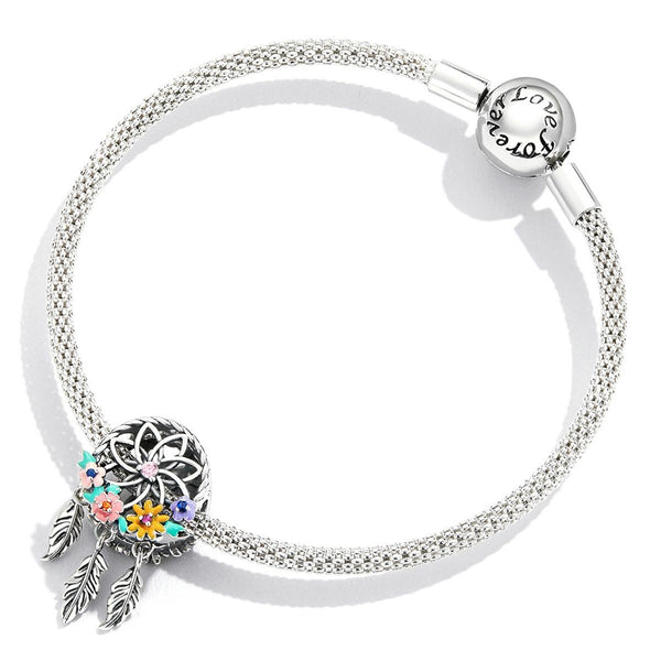 Dreamcatcher Flowers Enamel Sterling Silver CZ Bead Charm Bracelet Necklace