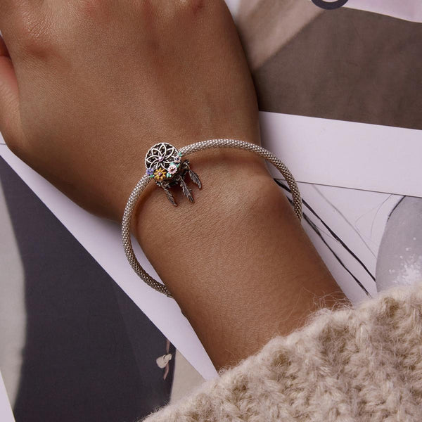 Dreamcatcher Flowers Enamel Sterling Silver CZ Bead Charm Bracelet Necklace