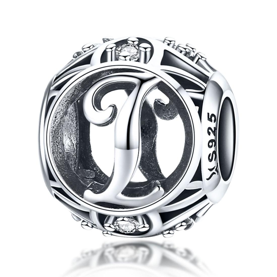 I Initial Letter Sterling Silver Zircon CZ Bead Charm Bracelet Necklace