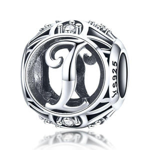 I Initial Letter Sterling Silver Zircon CZ Bead Charm Bracelet Necklace