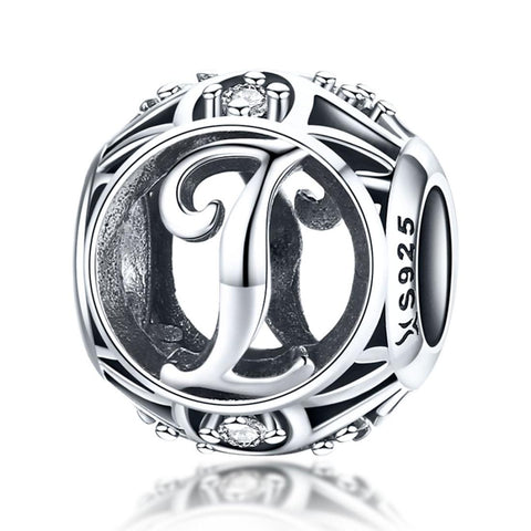 I Initial Letter Sterling Silver Zircon CZ Bead Charm Bracelet Necklace
