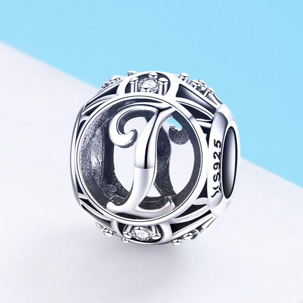 I Initial Letter Sterling Silver Zircon CZ Bead Charm Bracelet Necklace