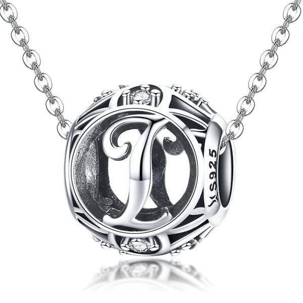 I Initial Letter Sterling Silver Zircon CZ Bead Charm Bracelet Necklace