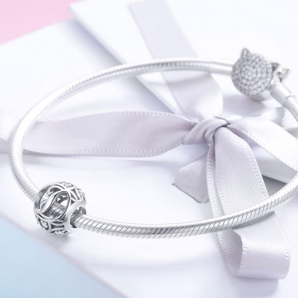 I Initial Letter Sterling Silver Zircon CZ Bead Charm Bracelet Necklace
