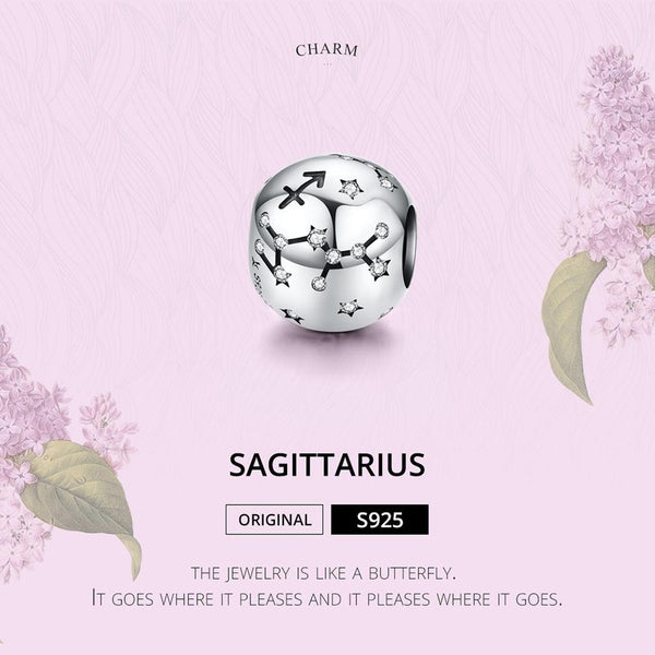 Sagittarius Zodiac Sterling Silver Zircon CZ Bead Charm Pendant Bracelet Necklace