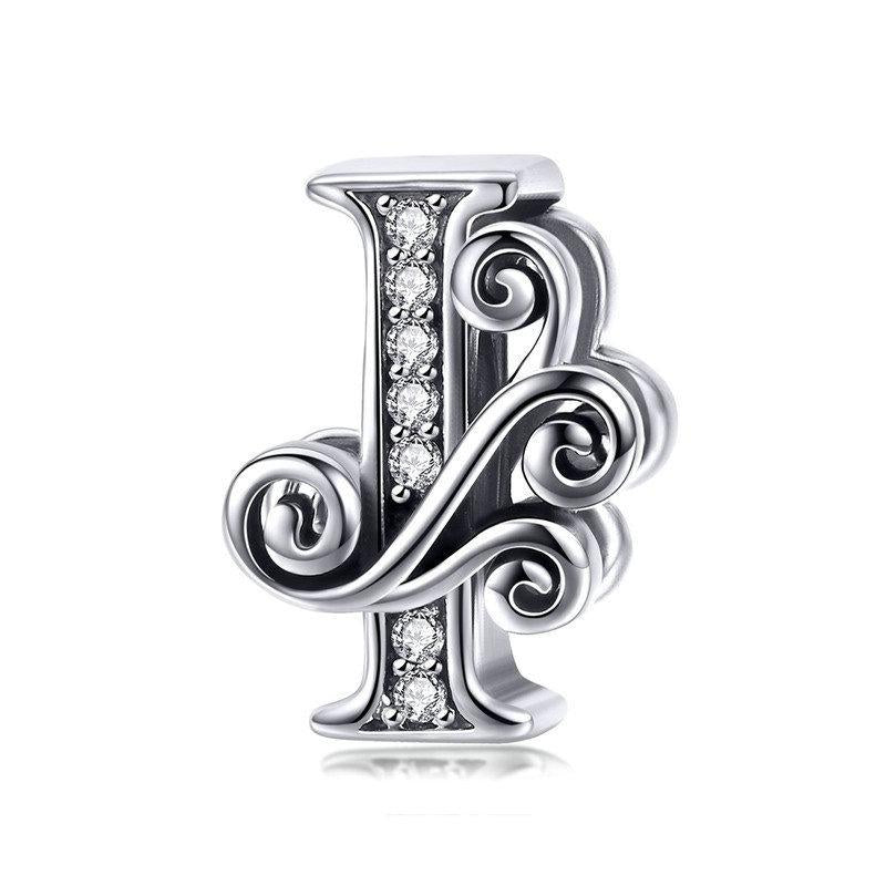 Initial Letter Gothic Victorian Sterling Silver Zircon CZ Bead Charm Bracelet I