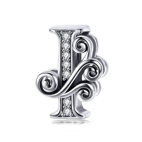 Initial Letter Gothic Victorian Sterling Silver Zircon CZ Bead Charm Bracelet I