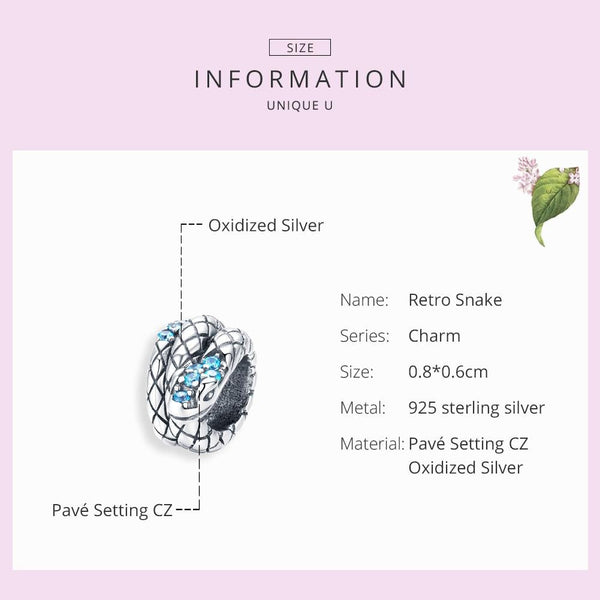 Coiled Snake Sterling Silver Zircon CZ Bead Charm Pendant Bracelet Necklace