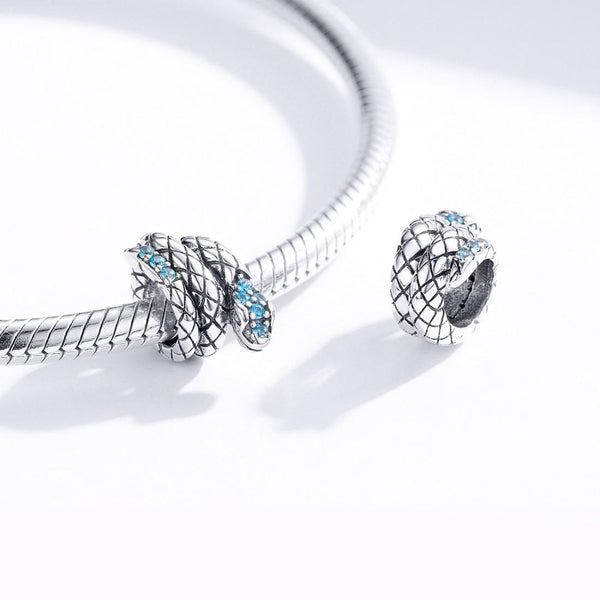 Coiled Snake Sterling Silver Zircon CZ Bead Charm Pendant Bracelet Necklace