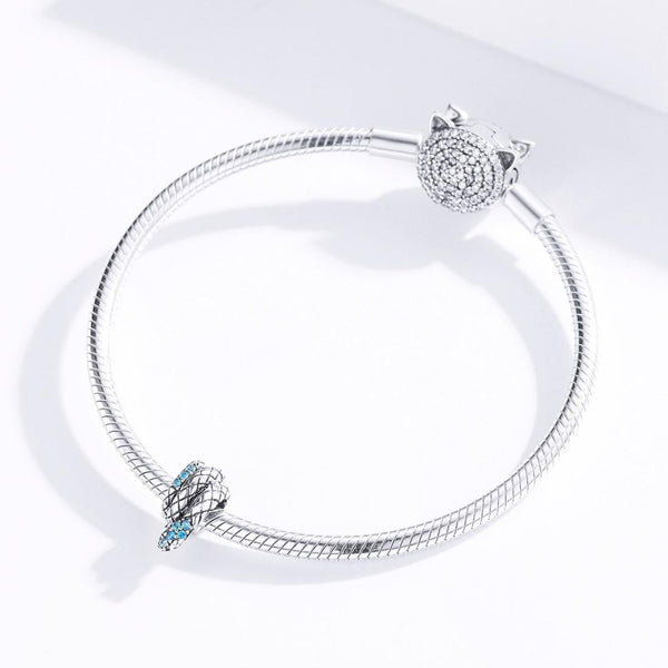 Coiled Snake Sterling Silver Zircon CZ Bead Charm Pendant Bracelet Necklace