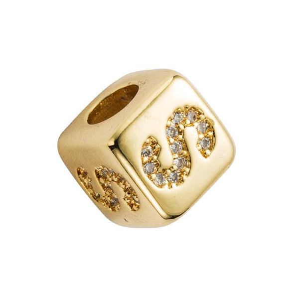 Gold Colour Letter Initial Copper Zircon CZ Bead Charm Bracelet Necklace S