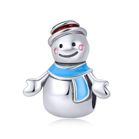 Blue Mr Snowman Enamel Sterling Silver Bead Charm Bracelet Necklace