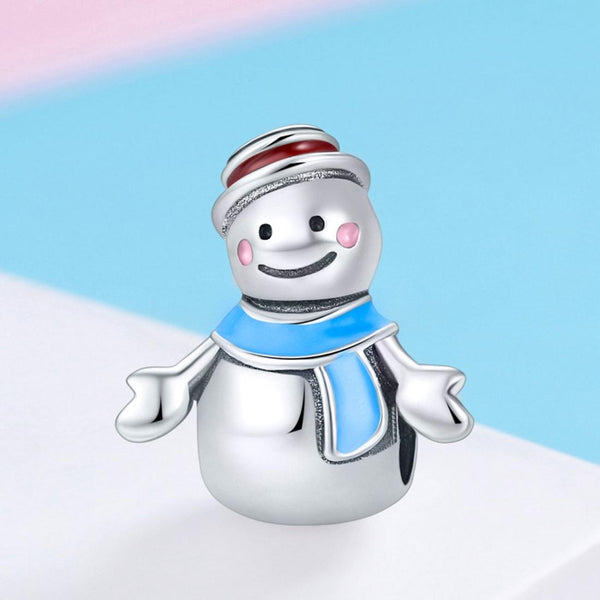 Blue Mr Snowman Enamel Sterling Silver Bead Charm Bracelet Necklace
