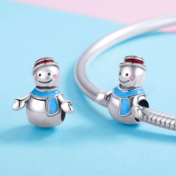 Blue Mr Snowman Enamel Sterling Silver Bead Charm Bracelet Necklace
