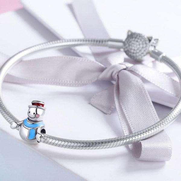 Blue Mr Snowman Enamel Sterling Silver Bead Charm Bracelet Necklace