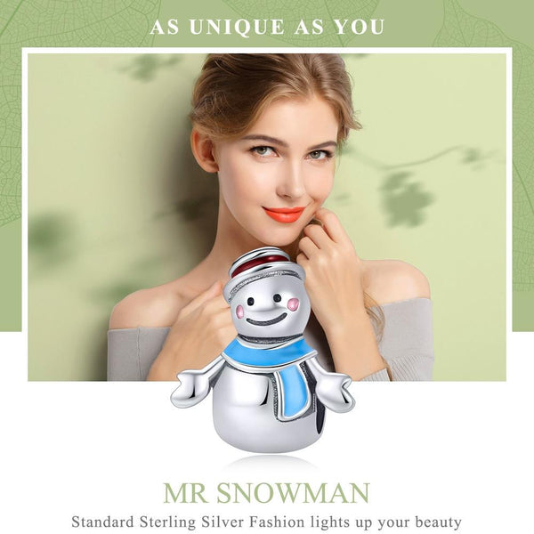 Blue Mr Snowman Enamel Sterling Silver Bead Charm Bracelet Necklace