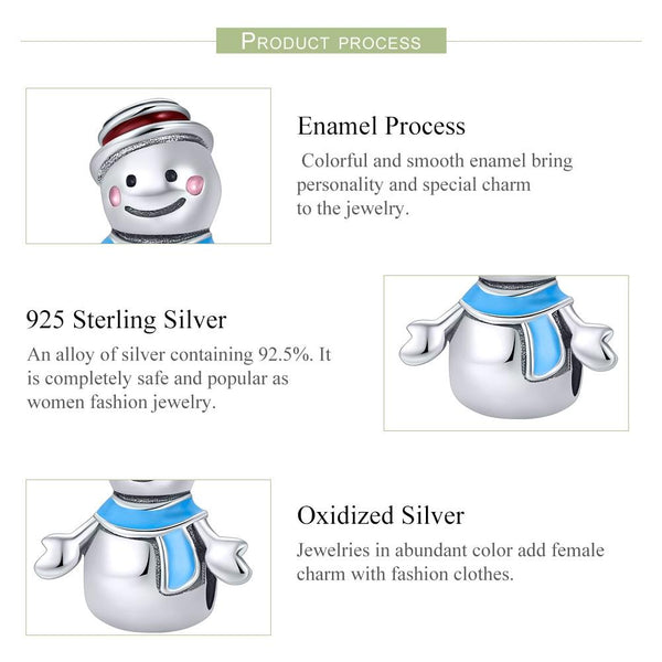 Blue Mr Snowman Enamel Sterling Silver Bead Charm Bracelet Necklace