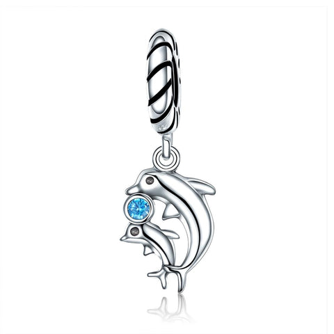 Two Dolphins Sterling Silver Ziron CZ Bead Charm Bracelet Necklace