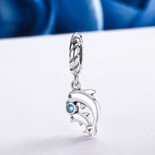 Two Dolphins Sterling Silver Ziron CZ Bead Charm Bracelet Necklace