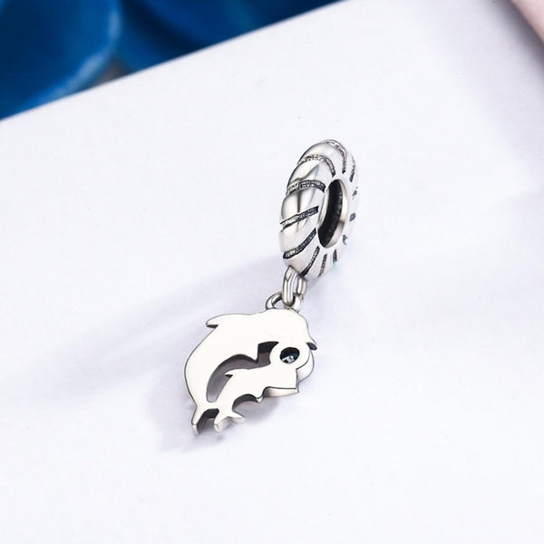 Two Dolphins Sterling Silver Ziron CZ Bead Charm Bracelet Necklace