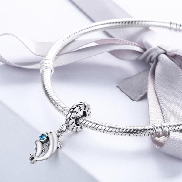Two Dolphins Sterling Silver Ziron CZ Bead Charm Bracelet Necklace