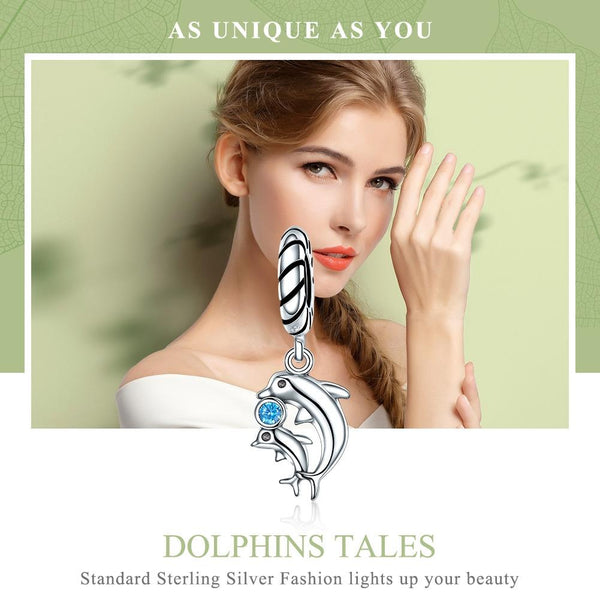 Two Dolphins Sterling Silver Ziron CZ Bead Charm Bracelet Necklace