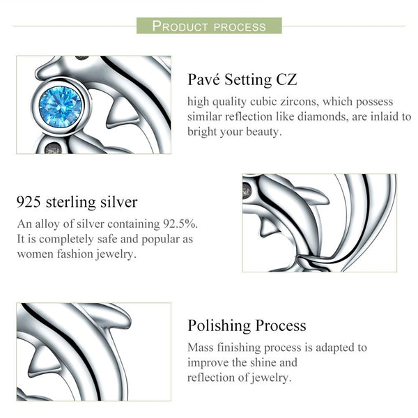 Two Dolphins Sterling Silver Ziron CZ Bead Charm Bracelet Necklace