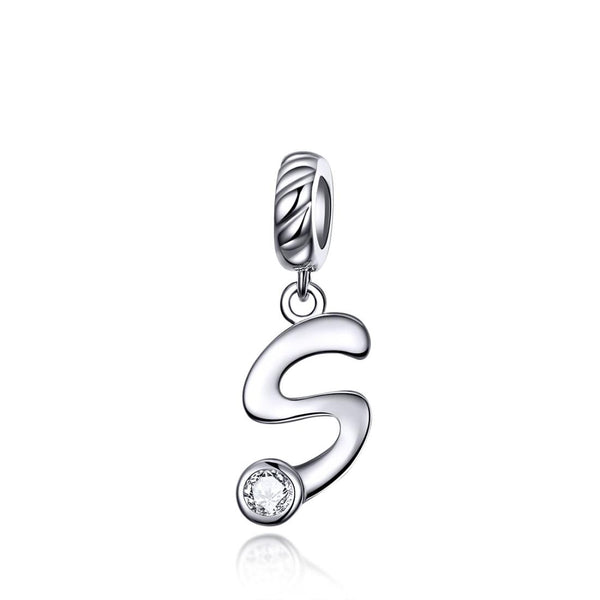 S Letter Initial Platinum Plated Sterling Silver Crystal Zircon Charm Bracelet Necklace