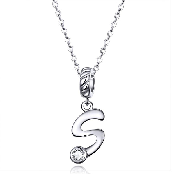 S Letter Initial Platinum Plated Sterling Silver Crystal Zircon Charm Bracelet Necklace