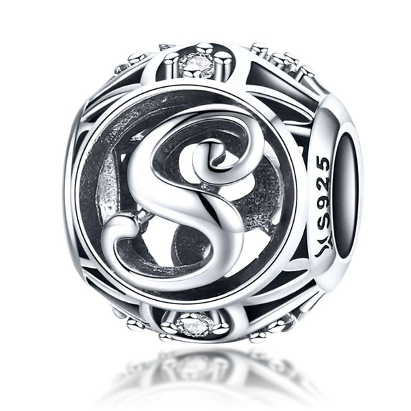 S Initial Letter Sterling Silver Zircon CZ Bead Charm Bracelet Necklace