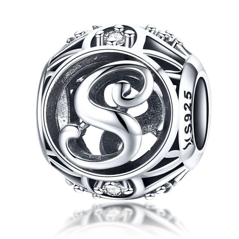 S Initial Letter Sterling Silver Zircon CZ Bead Charm Bracelet Necklace