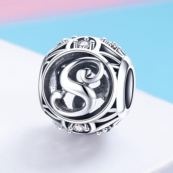 S Initial Letter Sterling Silver Zircon CZ Bead Charm Bracelet Necklace