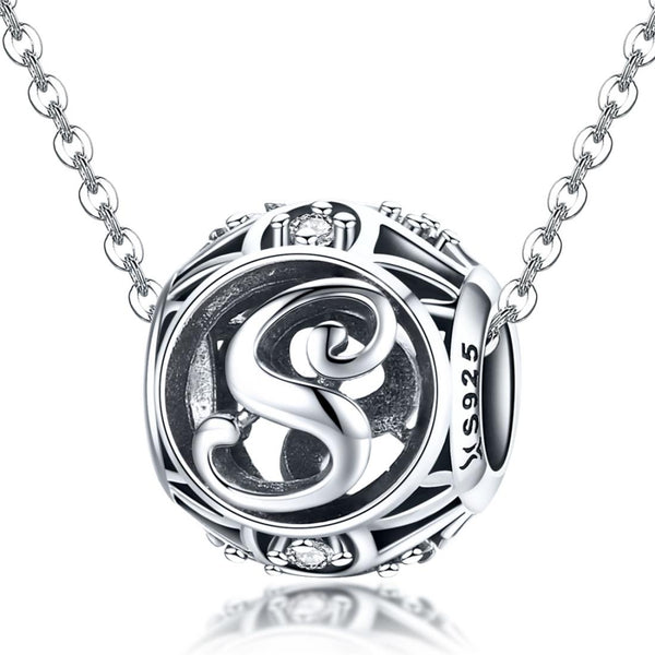 S Initial Letter Sterling Silver Zircon CZ Bead Charm Bracelet Necklace