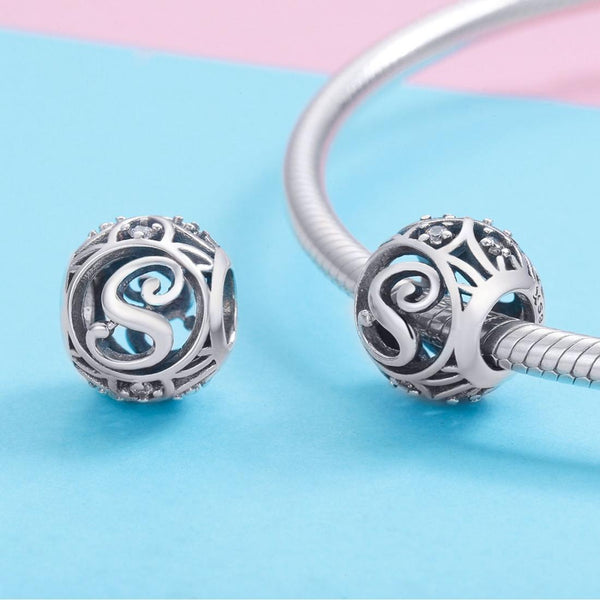 S Initial Letter Sterling Silver Zircon CZ Bead Charm Bracelet Necklace